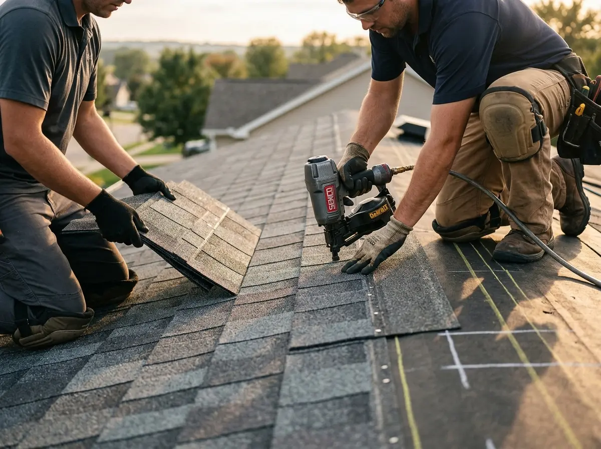 Professional roofer working on a residential roof in Elko New Market